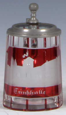 Glass stein, 3.6'' ht., blown faceted, wheel-engraved, ruby flashed, Trinkhalle, glass inlaid lid, mint.