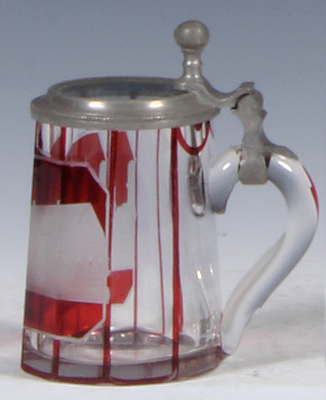 Glass stein, 3.6'' ht., blown faceted, wheel-engraved, ruby flashed, Trinkhalle, glass inlaid lid, mint. - 2