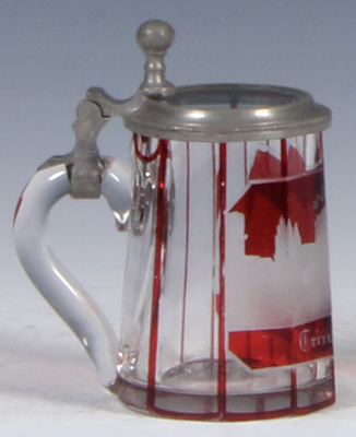 Glass stein, 3.6'' ht., blown faceted, wheel-engraved, ruby flashed, Trinkhalle, glass inlaid lid, mint. - 3