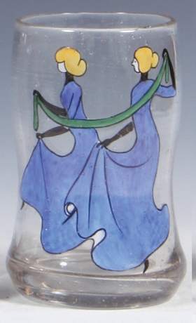 Glass beaker, 5.2" ht., blown, clear, design by Ludwig Hohlwein, women, mint.