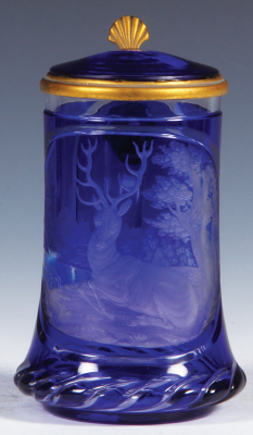 Glass stein, .5L, blown, blue on clear overlay, wheel-engraved: stag, blue glass, inlaid lid: mint.