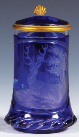 Glass stein, .5L, blown, blue on clear overlay, wheel-engraved: stag, blue glass, inlaid lid: mint.