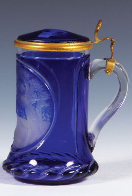 Glass stein, .5L, blown, blue on clear overlay, wheel-engraved: stag, blue glass, inlaid lid: mint. - 2