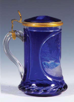 Glass stein, .5L, blown, blue on clear overlay, wheel-engraved: stag, blue glass, inlaid lid: mint. - 3