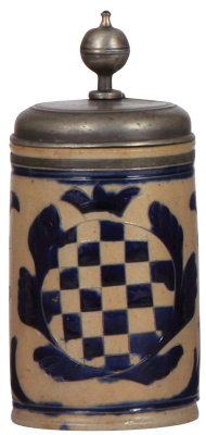 Stoneware stein, 8.4'' ht., mid 1700s, Muskauer Walzenkrug, incised, blue saltglaze, pewter lid, pewter touchmarks, fair pewter tear repair, two small chips on upper and lower rims.