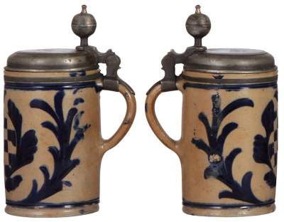 Stoneware stein, 8.4'' ht., mid 1700s, Muskauer Walzenkrug, incised, blue saltglaze, pewter lid, pewter touchmarks, fair pewter tear repair, two small chips on upper and lower rims. - 2