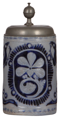 Stoneware stein, 7.7'' ht., mid 1700s, Westerwälder Walzenkrug, incised, blue saltglaze, pewter lid, pewter touch marks, old pewter tear repair, body good condition.