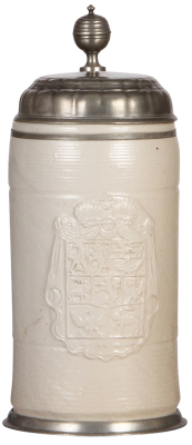 Stoneware stein, 10.1" ht., Altenburger Walzenkrug, mid 1700s, relief, coat-of-arms, pewter lid & footring, pewter touch marks, excellent repair of a line on the handle.