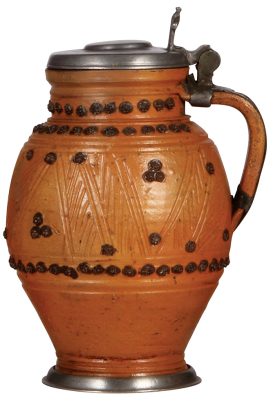 Stoneware stein, 9.6'' ht., late 1600s, Altenburger Kugelkrug, saltglazed, applied relief, brown on orange body, pewter lid, footring & vertical handle strap, lid dated 1688, small scratches on lid, body very good condition. - 2