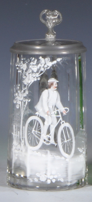 Glass stein, .25L, blown, clear, faceted, handpainted, man on standard bicycle, matching glass inlaid lid, mint.