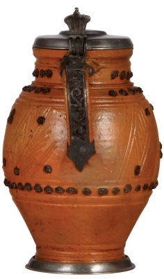 Stoneware stein, 9.6'' ht., late 1600s, Altenburger Kugelkrug, saltglazed, applied relief, brown on orange body, pewter lid, footring & vertical handle strap, lid dated 1688, small scratches on lid, body very good condition. - 3