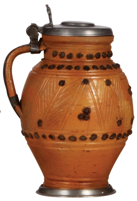 Stoneware stein, 9.6'' ht., late 1600s, Altenburger Kugelkrug, saltglazed, applied relief, brown on orange body, pewter lid, footring & vertical handle strap, lid dated 1688, small scratches on lid, body very good condition. - 4