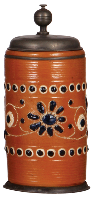 Stoneware stein, 9.7'' ht., early 1700s, Altenburger Walzenkrug, saltglazed, applied relief, blue & white on orange body, pewter lid & footring, very good condition.