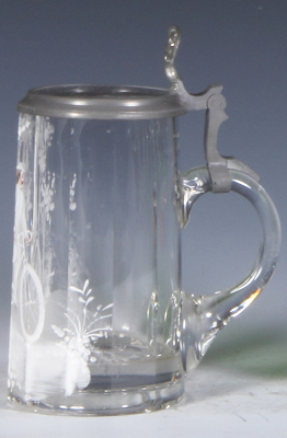 Glass stein, .25L, blown, clear, faceted, handpainted, man on standard bicycle, matching glass inlaid lid, mint. - 2