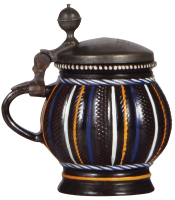 Stoneware stein, 5.7'' ht., c.1680s, Annaberger Kugelbauchkrug, pewter lid, very rare small size, excellent repair of base flakes, excellent strap repair, excellent colors. - 4