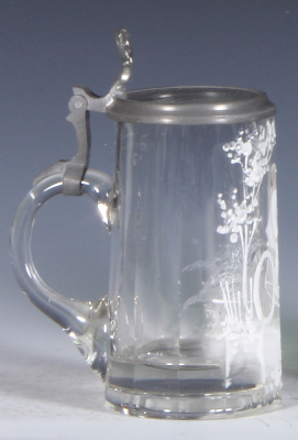 Glass stein, .25L, blown, clear, faceted, handpainted, man on standard bicycle, matching glass inlaid lid, mint. - 3