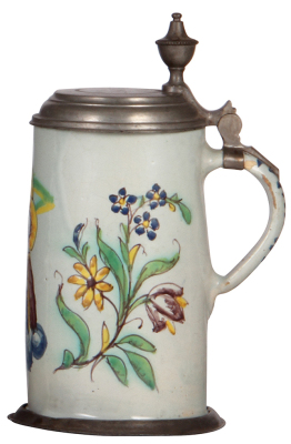 Faience stein, 9.5" ht., late 1700s, Österreichischer Walzenkrug, pewter lid & footring, pewter strap repaired, small glaze flakes. - 2