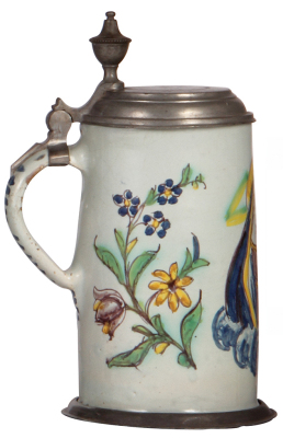 Faience stein, 9.5" ht., late 1700s, Österreichischer Walzenkrug, pewter lid & footring, pewter strap repaired, small glaze flakes. - 3