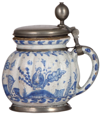 Faience stein, 8.2" ht., early 1700s, Salzburger Melonkrug, pewter lid and footring, lid dated 1708, pewter shank repaired, replaced pewter ring at top rim, glaze pitting, small flakes and glaze loss at top rim. - 2
