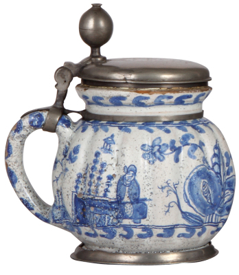 Faience stein, 8.2" ht., early 1700s, Salzburger Melonkrug, pewter lid and footring, lid dated 1708, pewter shank repaired, replaced pewter ring at top rim, glaze pitting, small flakes and glaze loss at top rim. - 3