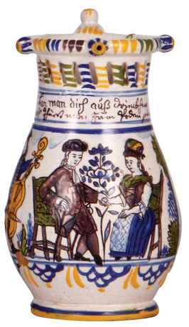Faience Puzzelkrug, 7.5" ht., late 1700s, Gmundner Birnkrug, very rare, very good condition.