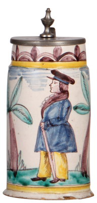 Faience stein, 7.8'' ht., early 1800s, Gmundner Walzenkrug, pewter lid & footring, small base chips, slight pewter tear.