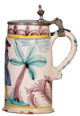 Faience stein, 7.8'' ht., early 1800s, Gmundner Walzenkrug, pewter lid & footring, small base chips, slight pewter tear. - 2