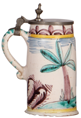Faience stein, 7.8'' ht., early 1800s, Gmundner Walzenkrug, pewter lid & footring, small base chips, slight pewter tear. - 3