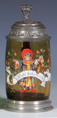 Glass stein, .25L, blown, transfer & hand-painted, amber, Wohl bekomm's, pewter lid & footring, mint.