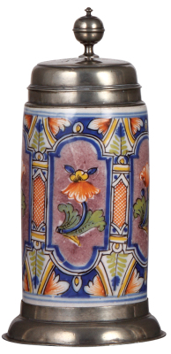 Faience stein, 11.3'' ht., late 1700s, Thüringer Walzenkrug, pewter lid & footring, lid dated 1810, pewter touch marks, one hairline is not distracting on the outside.