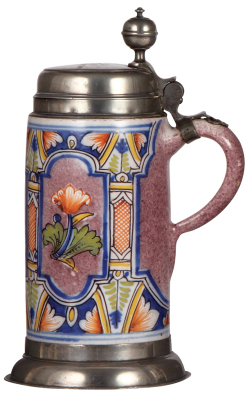 Faience stein, 11.3'' ht., late 1700s, Thüringer Walzenkrug, pewter lid & footring, lid dated 1810, pewter touch marks, one hairline is not distracting on the outside. - 2