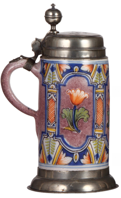 Faience stein, 11.3'' ht., late 1700s, Thüringer Walzenkrug, pewter lid & footring, lid dated 1810, pewter touch marks, one hairline is not distracting on the outside. - 3