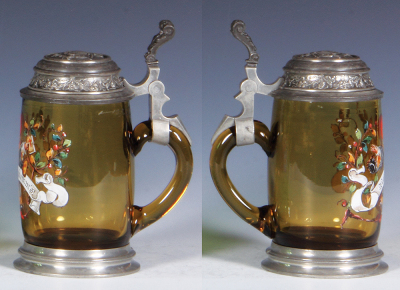 Glass stein, .25L, blown, transfer & hand-painted, amber, Wohl bekomm's, pewter lid & footring, mint. - 2