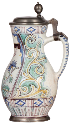 Faience stein, 12.4" ht., late 1700s, Gmundner Birnkrug, marked I E C, pewter lid & footring, very good pewter repair & small rim flakes repaired. - 2