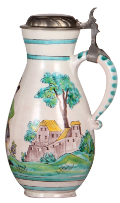 Faience stein, 10.5" ht., 1800s, Österreichischer Birnkrug, pewter lid, very good condition. - 2