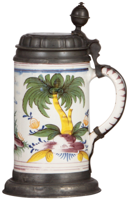 Faience stein, 10.0" ht., late 1700s, Thüringer Walzenkrug, pewter lid, footring and vertical strap, dents and footring repaired, body excellent condition. - 2