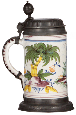 Faience stein, 10.0" ht., late 1700s, Thüringer Walzenkrug, pewter lid, footring and vertical strap, dents and footring repaired, body excellent condition. - 3