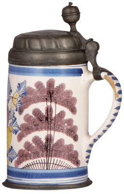 Faience stein, 9.4'' ht., late 1700s, Bayreuther Walzenkrug, pewter lid & footring, a few tight hairlines, glaze flaking on handle, small pewter dent. - 2