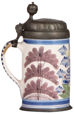 Faience stein, 9.4'' ht., late 1700s, Bayreuther Walzenkrug, pewter lid & footring, a few tight hairlines, glaze flaking on handle, small pewter dent. - 3