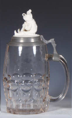 Glass stein, 1.0L, mold blown, clear, Good Templars Pony cast into base, figural Parian inlaid lid, mint. - 2