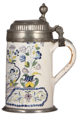 Faience stein, 9.4'' ht., late 1700s, possibly Oettingen-Schrattenhofener Walzenkrug, pewter lid & footring, tight 5'' line on right side, glaze flakes on the handle, excellent colors & glaze. - 2