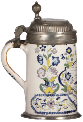 Faience stein, 9.4'' ht., late 1700s, possibly Oettingen-Schrattenhofener Walzenkrug, pewter lid & footring, tight 5'' line on right side, glaze flakes on the handle, excellent colors & glaze. - 3