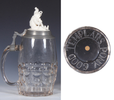 Glass stein, 1.0L, mold blown, clear, Good Templars Pony cast into base, figural Parian inlaid lid, mint. - 3