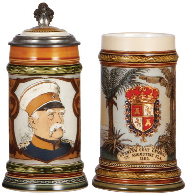 Two Mettlach steins, .5L, 1794, etched, Bismarck, inlaid lid, mint; with, .5L, 2373, etched, St. Augustine, this version designed with an alligator handle without a lid, mint.