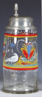 Glass stein, 1.0L, blown, clear, c 1800, hand-painted, birds and flowers, pewter lid, mint.