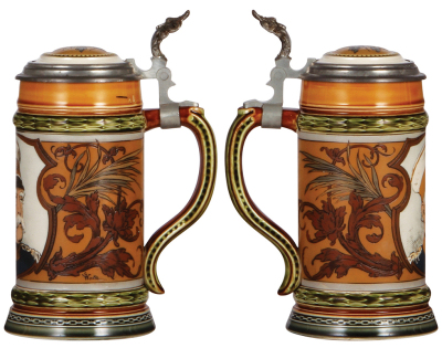 Two Mettlach steins, .5L, 1794, etched, Bismarck, inlaid lid, mint; with, .5L, 2373, etched, St. Augustine, this version designed with an alligator handle without a lid, mint. - 2