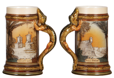 Two Mettlach steins, .5L, 1794, etched, Bismarck, inlaid lid, mint; with, .5L, 2373, etched, St. Augustine, this version designed with an alligator handle without a lid, mint. - 3