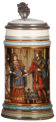 Mettlach stein, .5L, 2402, etched, inlaid lid, mint.