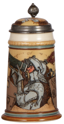 Mettlach stein, .3L, 2123, etched, by H. Schlitt, inlaid lid, small area of glaze roughness on the handle, handle breaks repaired.