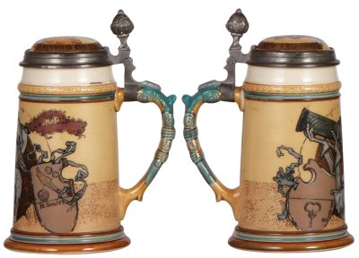 Mettlach stein, .3L, 2123, etched, by H. Schlitt, inlaid lid, small area of glaze roughness on the handle, handle breaks repaired. - 2